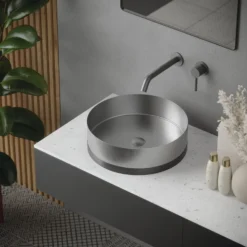 Karran Cinox 15.75" x 15.75" Round Vessel Stainless Steel Bathroom Sink, Stainless Steel and Gunmetal Grey, 16 Gauge, CCV300SS