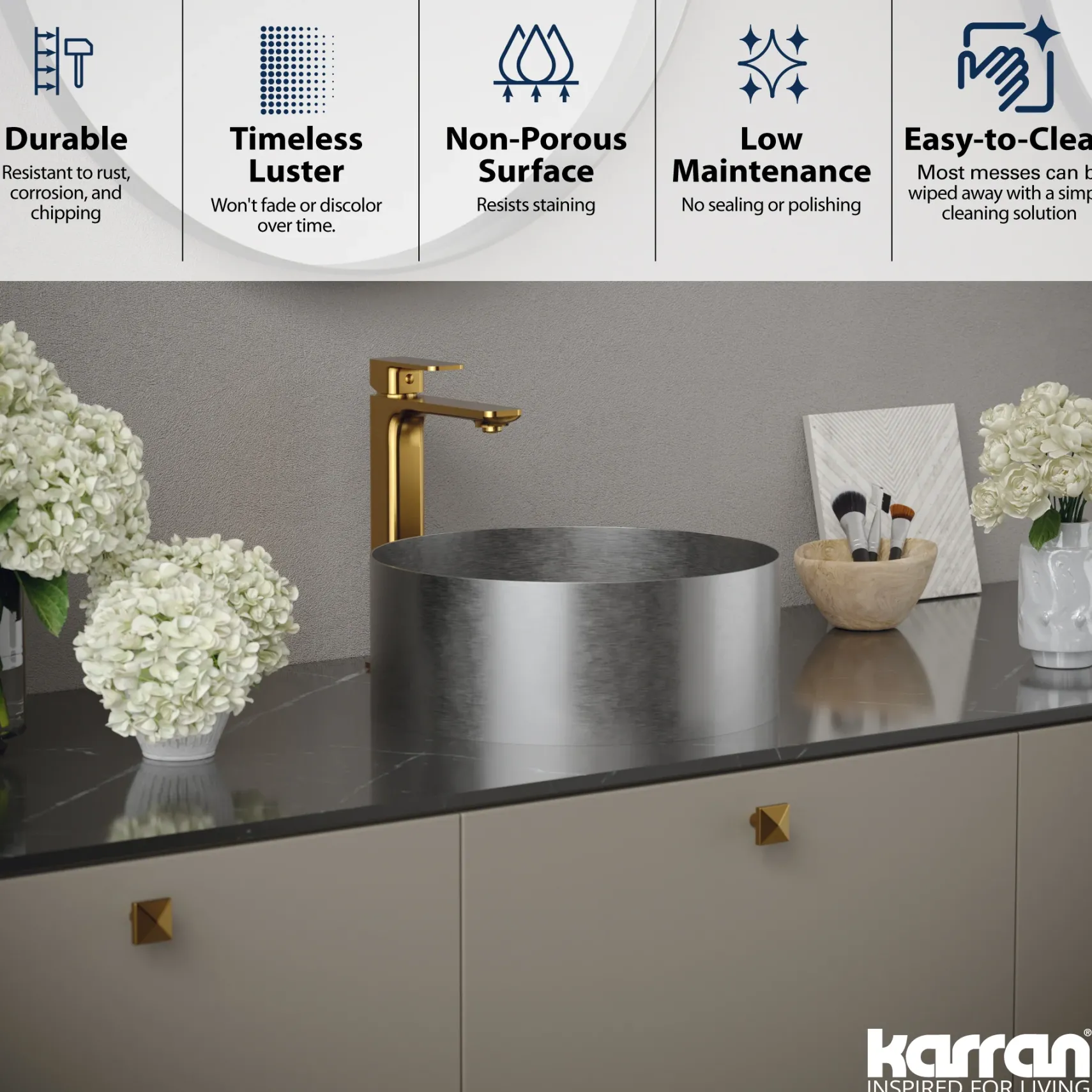 Karran Cinox 14.25" x 14.25" Round Vessel Stainless Steel Bathroom Sink, 16 Gauge, CCV200SS