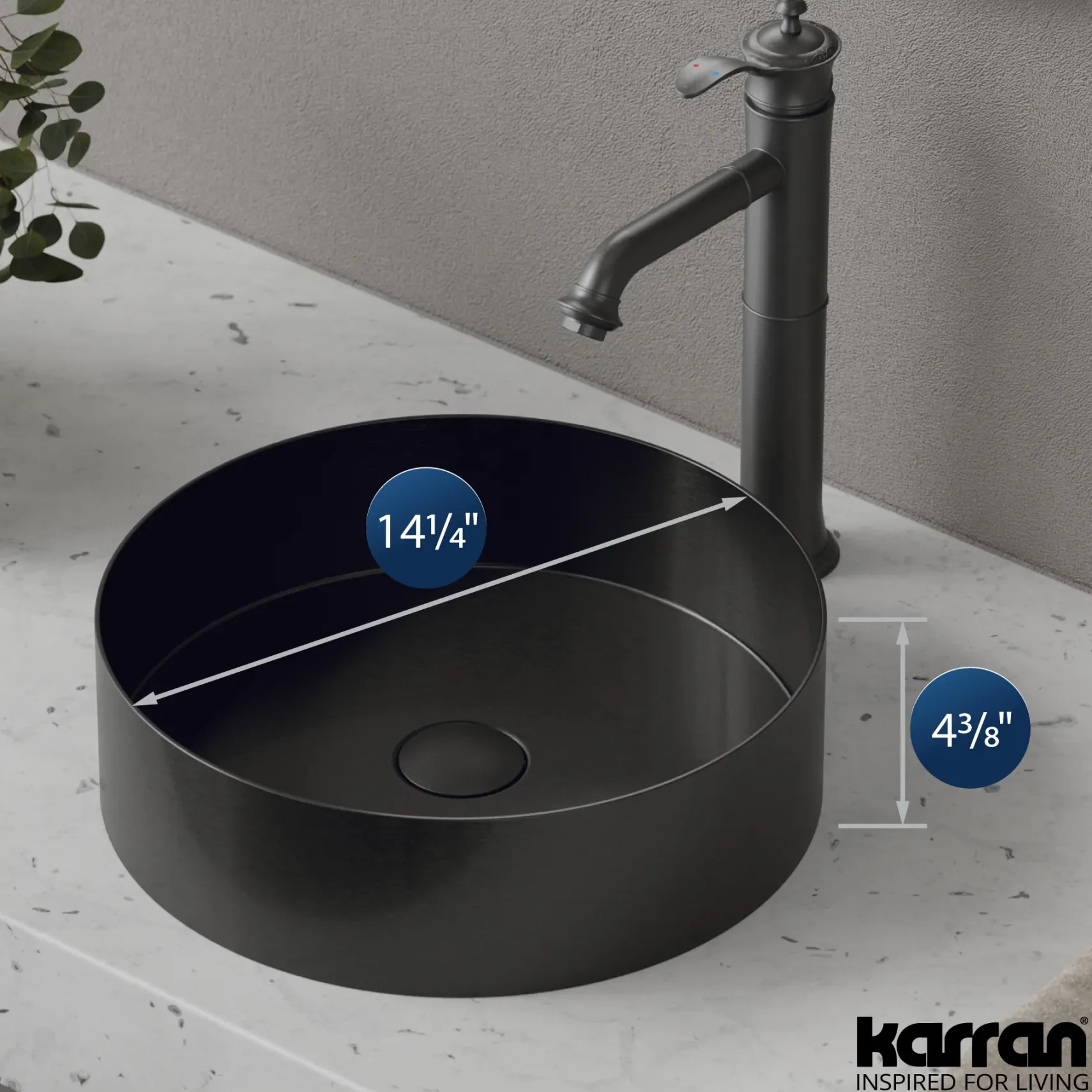 Karran Cinox 14.25" x 14.25" Round Vessel Stainless Steel Bathroom Sink, Gunmetal Grey, 16 Gauge, CCV200GG
