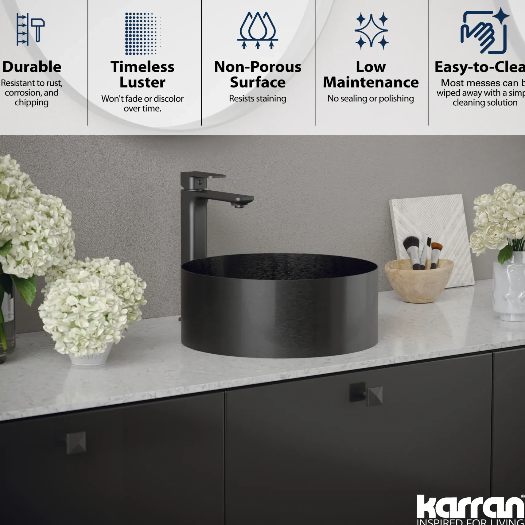 Karran Cinox 14.25" x 14.25" Round Vessel Stainless Steel Bathroom Sink, Gunmetal Grey, 16 Gauge, CCV200GG