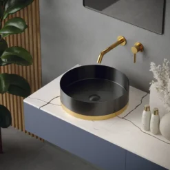 Karran Cinox 15.75" x 15.75" Round Vessel Stainless Steel Bathroom Sink, Gunmetal Grey and Gold, 16 Gauge, CCV350G