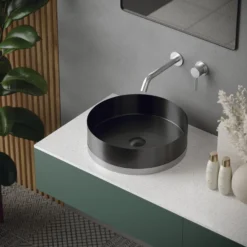 Karran Cinox 15.75" x 15.75" Round Vessel Stainless Steel Bathroom Sink, Gunmetal Grey and Stainless Steel, 16 Gauge, CCV350SS