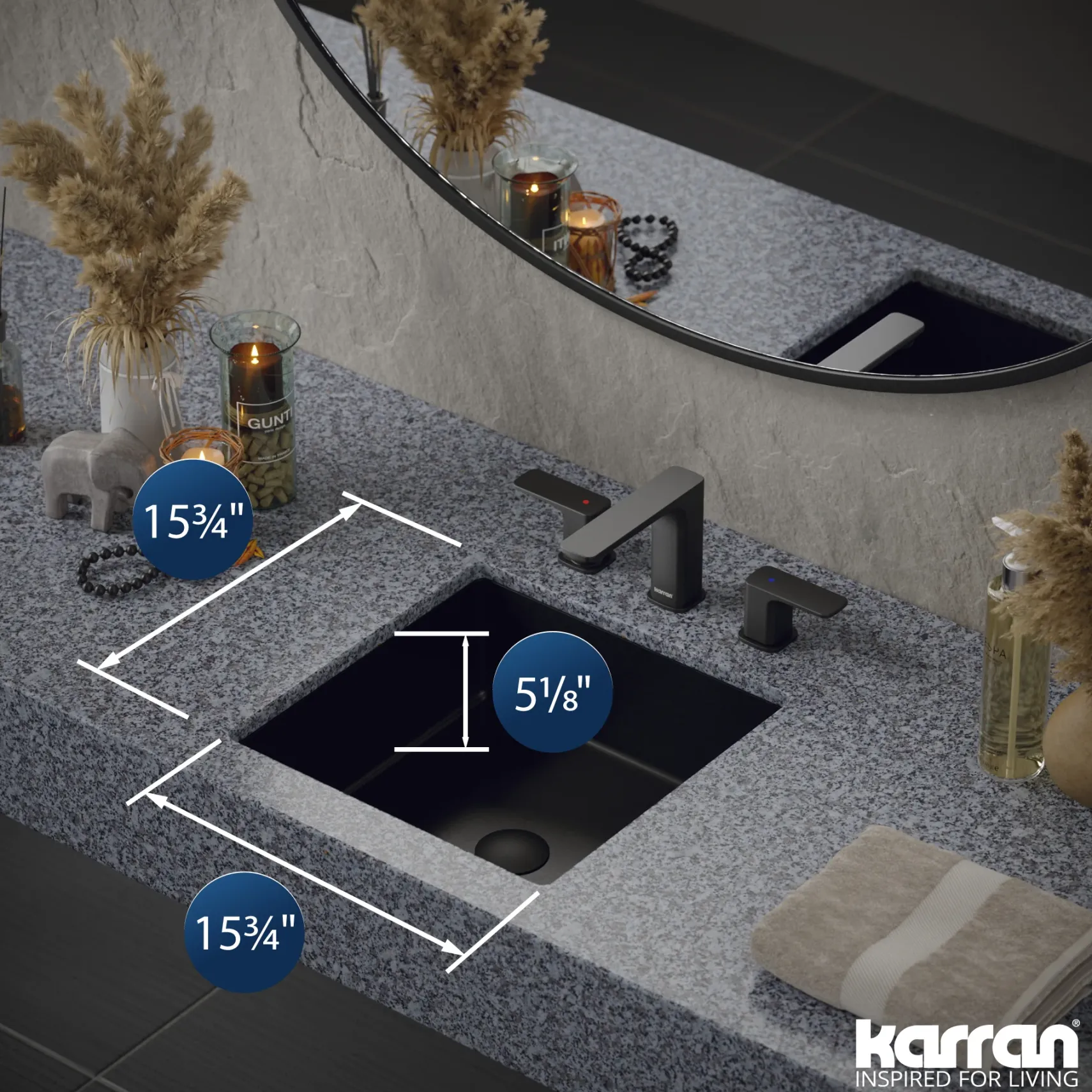 Karran Cinox 15.75" x 15.75" Square Undermount Stainless Steel Bathroom Sink, Gunmetal Grey, 16 Gauge, CCU500GG