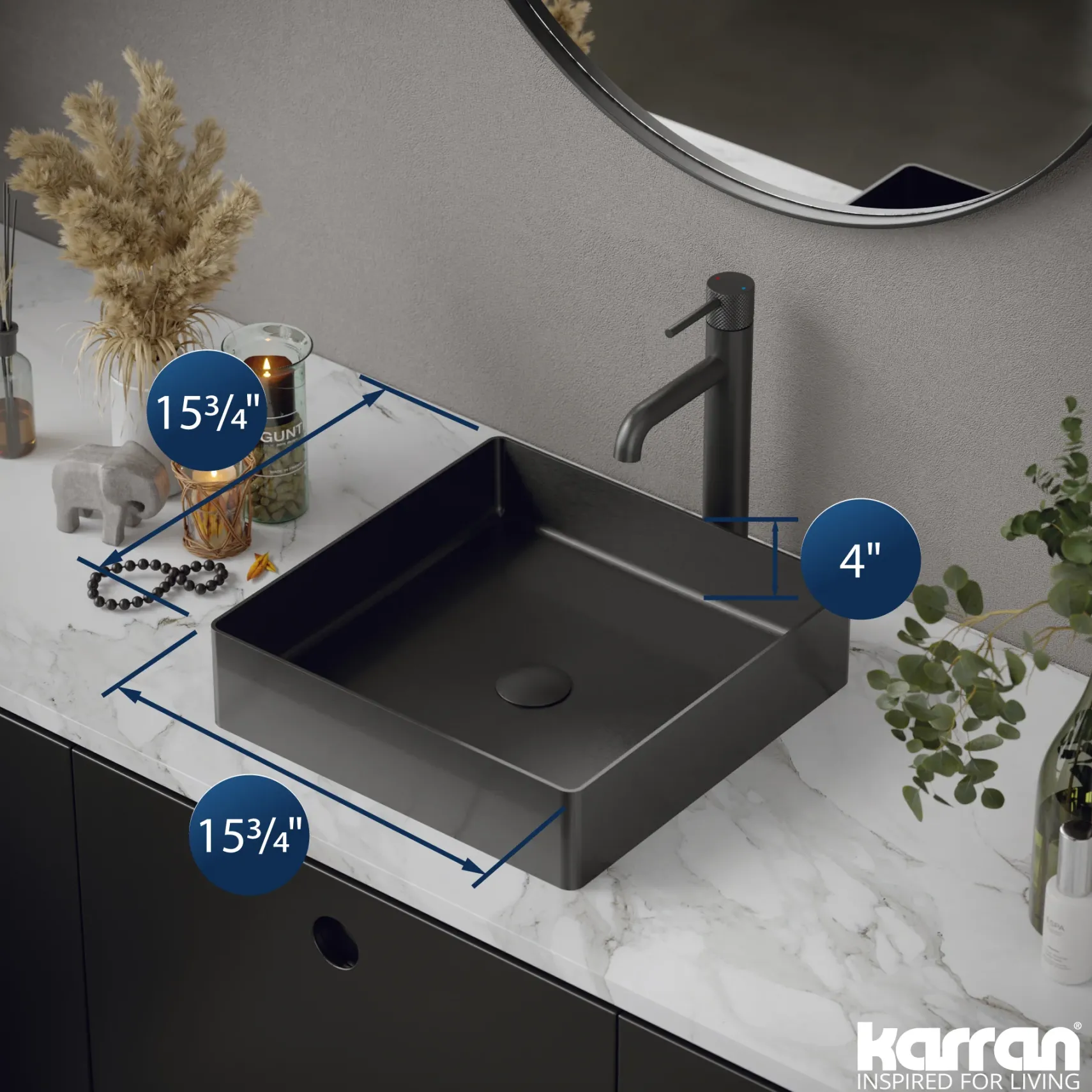Karran Cinox 15.75" x 15.75" Square Vessel Stainless Steel Bathroom Sink, Gunmetal Grey, 16 Gauge, CCV500GG