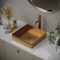 Karran Cinox 15.75" x 15.75" Square Vessel Stainless Steel Bathroom Sink, Brushed Copper, 16 Gauge, CCV500BC