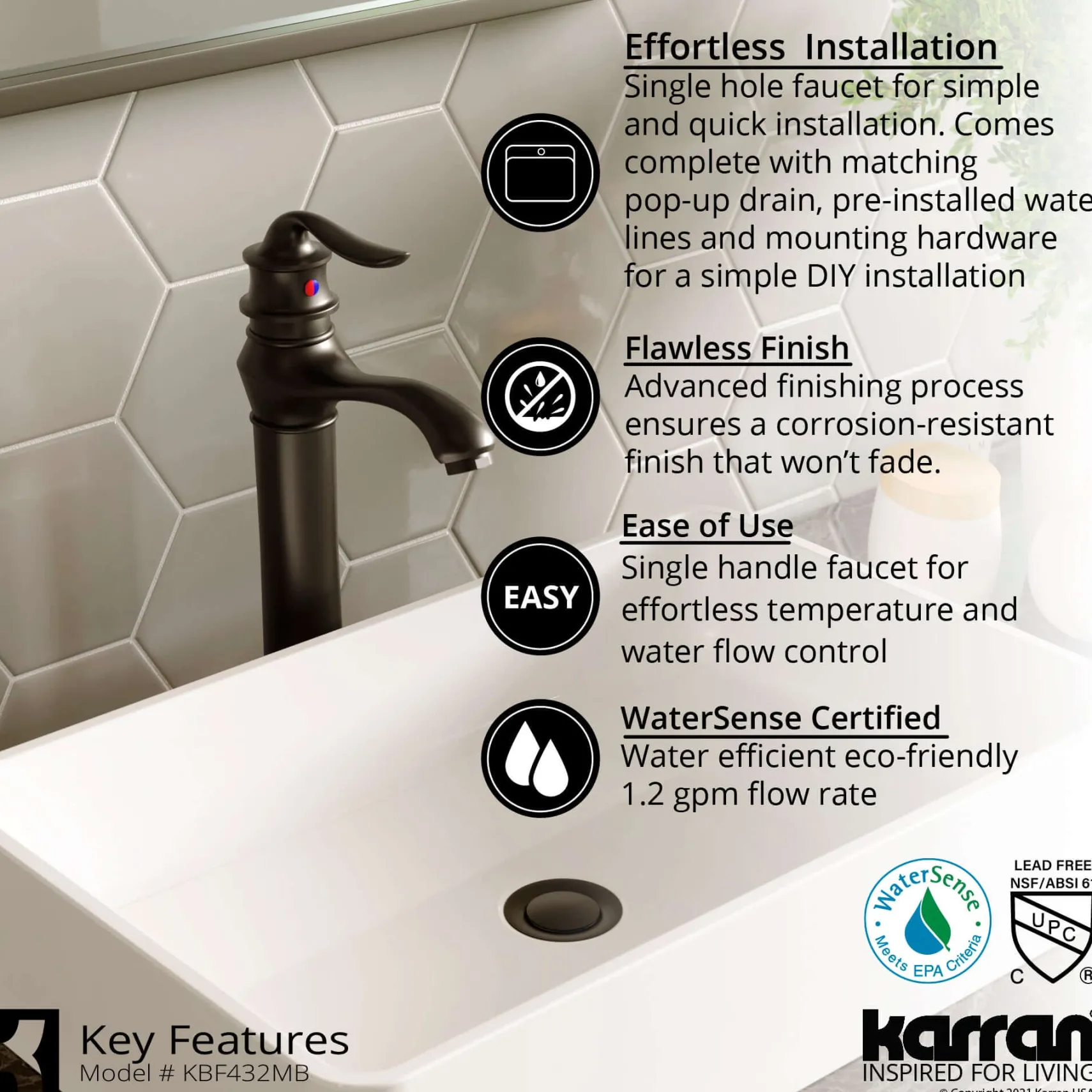 Karran Dartford 1.2 GPM Single Lever Handle Lead-free Brass ADA Bathroom Faucet, Vessel, Matte Black, KBF432MB