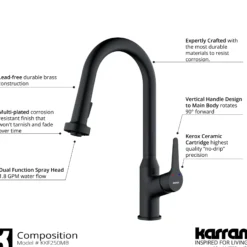 Karran Dockton 1.8 GPM Single Lever Handle Lead-free Brass ADA Kitchen Faucet, Pull-Down Kitchen, Matte Black, KKF250SD25MB