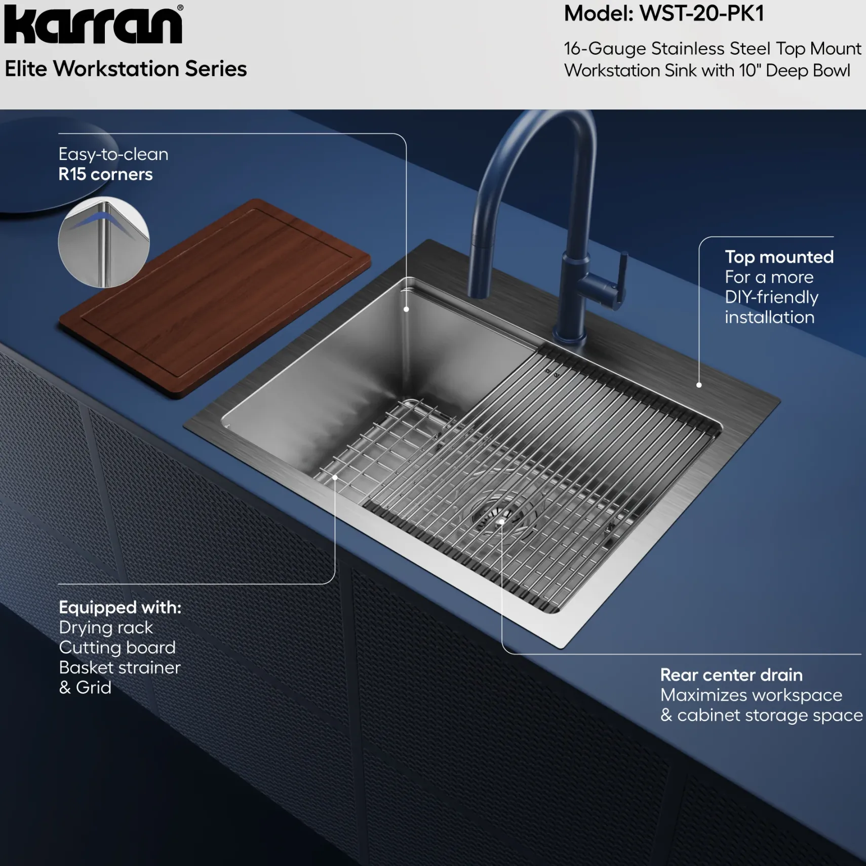 Karran Elite Workstation 25" Drop In/Topmount Stainless Steel Workstation Kitchen Sink with Accessories, 16 Gauge, WST-20-PK1