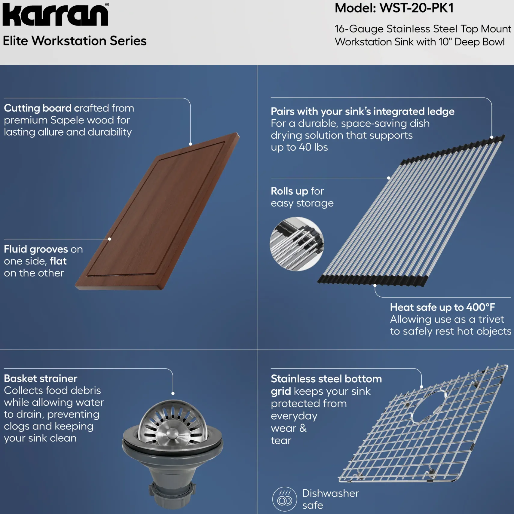 Karran Elite Workstation 25" Drop In/Topmount Stainless Steel Workstation Kitchen Sink with Accessories, 16 Gauge, WST-20-PK1