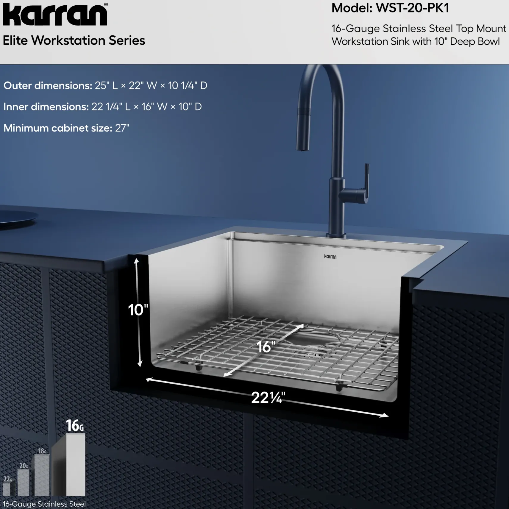 Karran Elite Workstation 25" Drop In/Topmount Stainless Steel Workstation Kitchen Sink with Accessories, 16 Gauge, WST-20-PK1