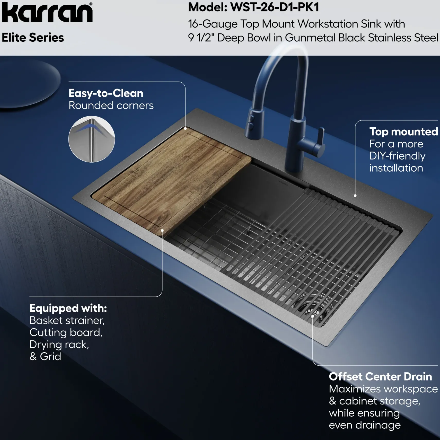 Karran Elite Workstation 33" Drop In Stainless Steel Kitchen Sink, Gunmetal Black, WST-26-D1-PK1