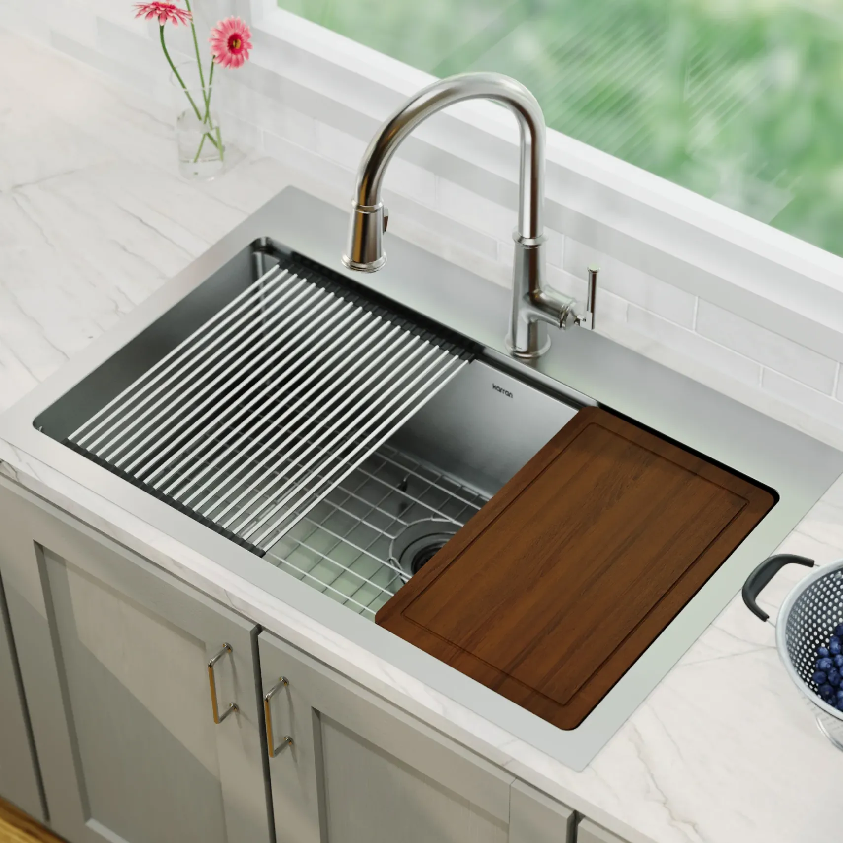 Karran Elite Workstation 33" Drop In/Topmount Stainless Steel Workstation Kitchen Sink with Accessories, 16 Gauge, WST-23-PK1