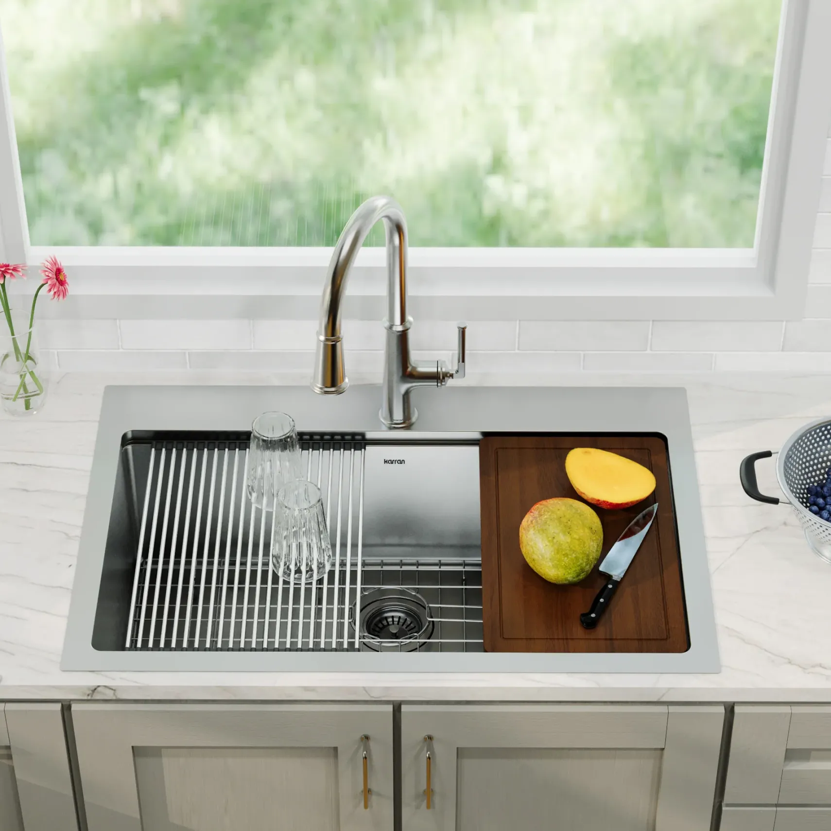 Karran Elite Workstation 33" Drop In/Topmount Stainless Steel Workstation Kitchen Sink with Accessories, 16 Gauge, WST-23-PK1