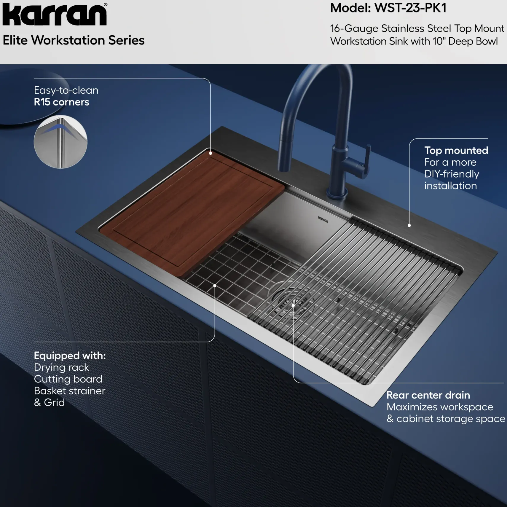 Karran Elite Workstation 33" Drop In/Topmount Stainless Steel Workstation Kitchen Sink with Accessories, 16 Gauge, WST-23-PK1
