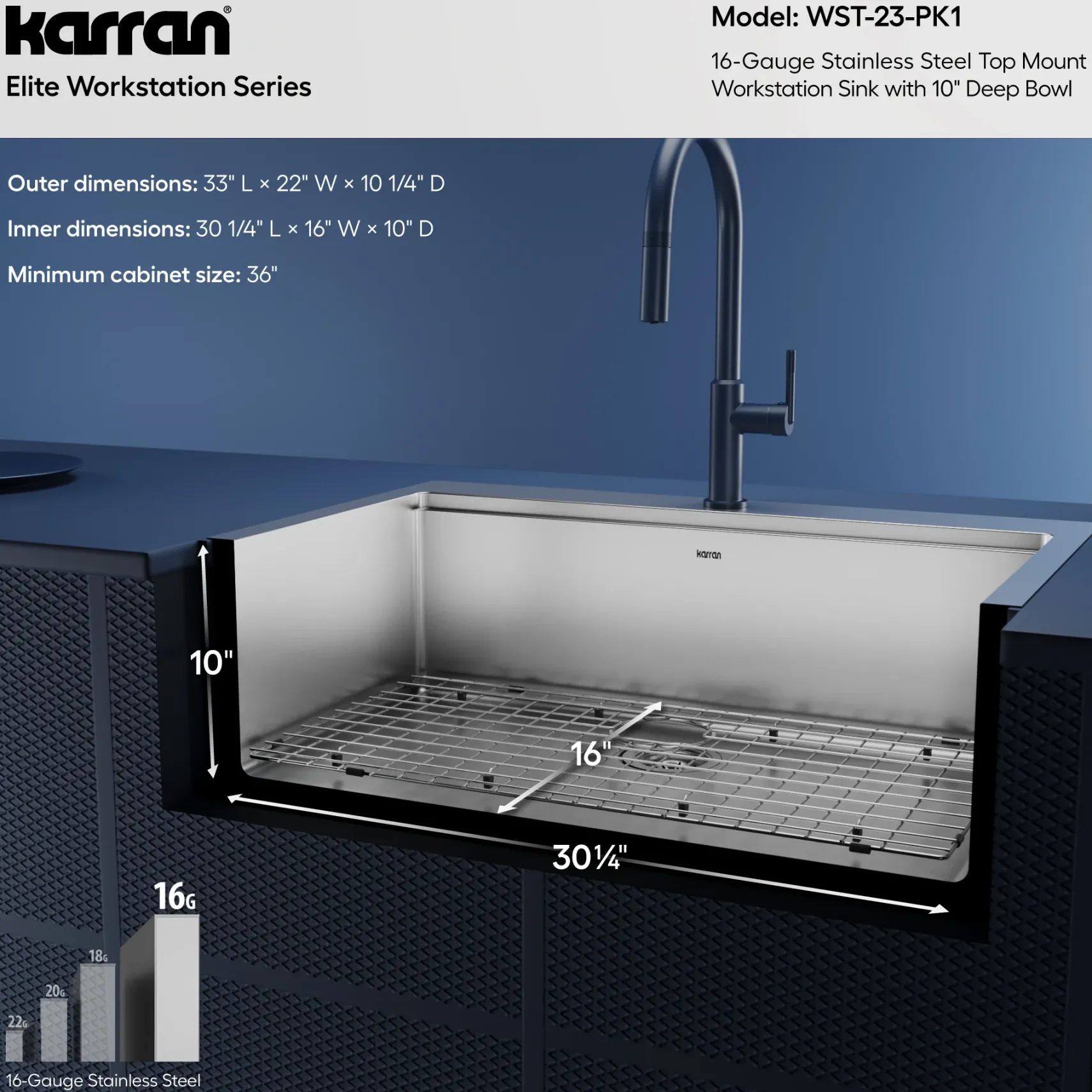 Karran Elite Workstation 33" Drop In/Topmount Stainless Steel Workstation Kitchen Sink with Accessories, 16 Gauge, WST-23-PK1