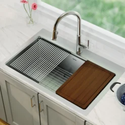 Karran Elite Workstation 33" Drop In/Topmount Stainless Steel Workstation Kitchen Sink with Accessories, 16 Gauge, WST-26-PK1