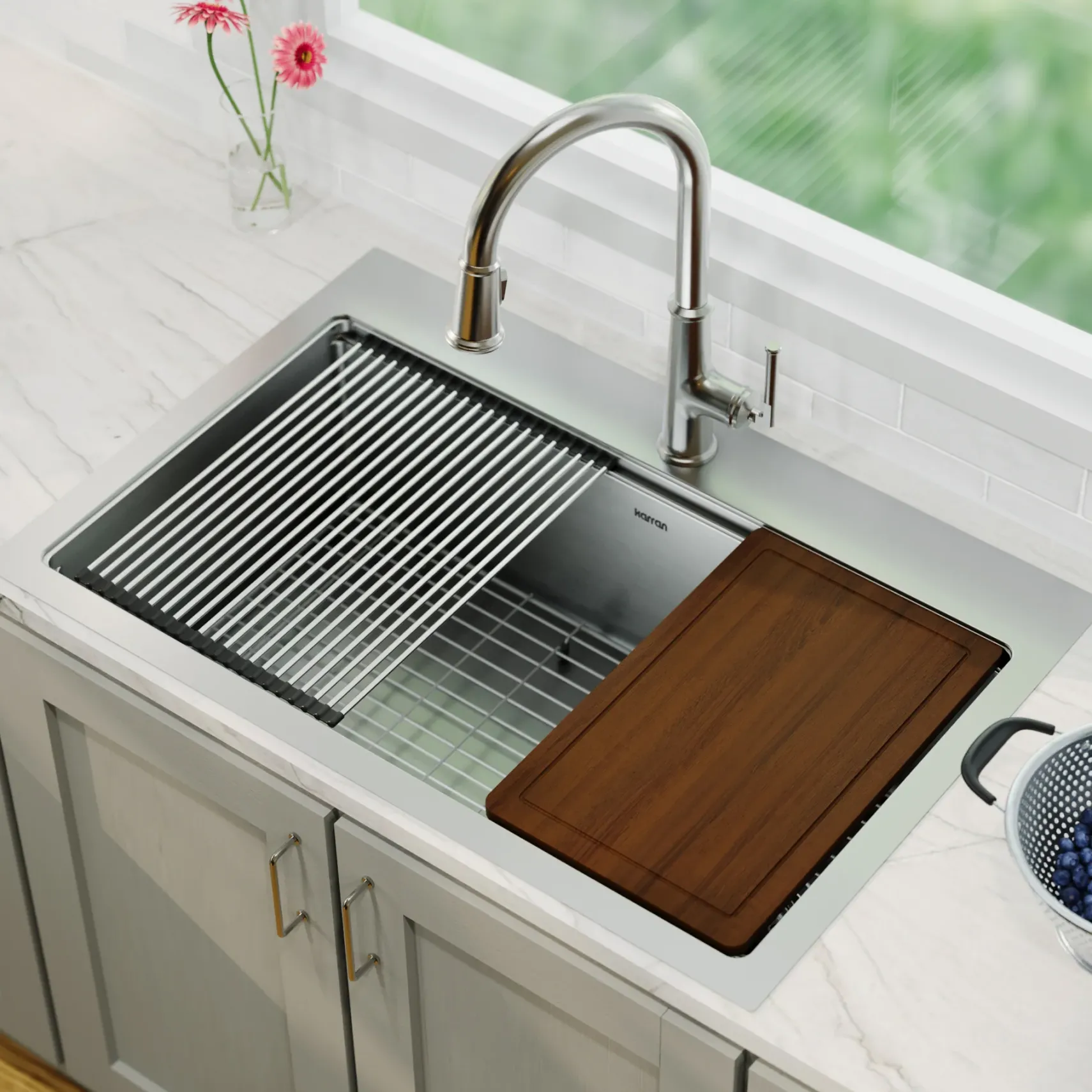 Karran Elite Workstation 33" Drop In/Topmount Stainless Steel Workstation Kitchen Sink with Accessories, 16 Gauge, WST-26-PK1