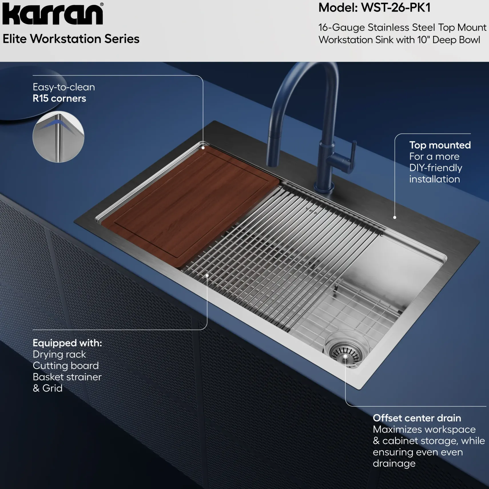 Karran Elite Workstation 33" Drop In/Topmount Stainless Steel Workstation Kitchen Sink with Accessories, 16 Gauge, WST-26-PK1