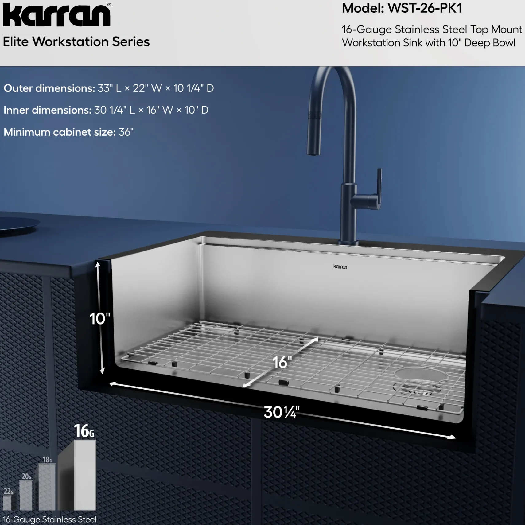 Karran Elite Workstation 33" Drop In/Topmount Stainless Steel Workstation Kitchen Sink with Accessories, 16 Gauge, WST-26-PK1