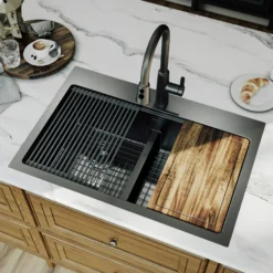 Karran Elite Workstation 33" Drop In Stainless Steel Kitchen Sink, 50/50 Double Bowl, Gunmetal Black, WST-28-D1-PK1