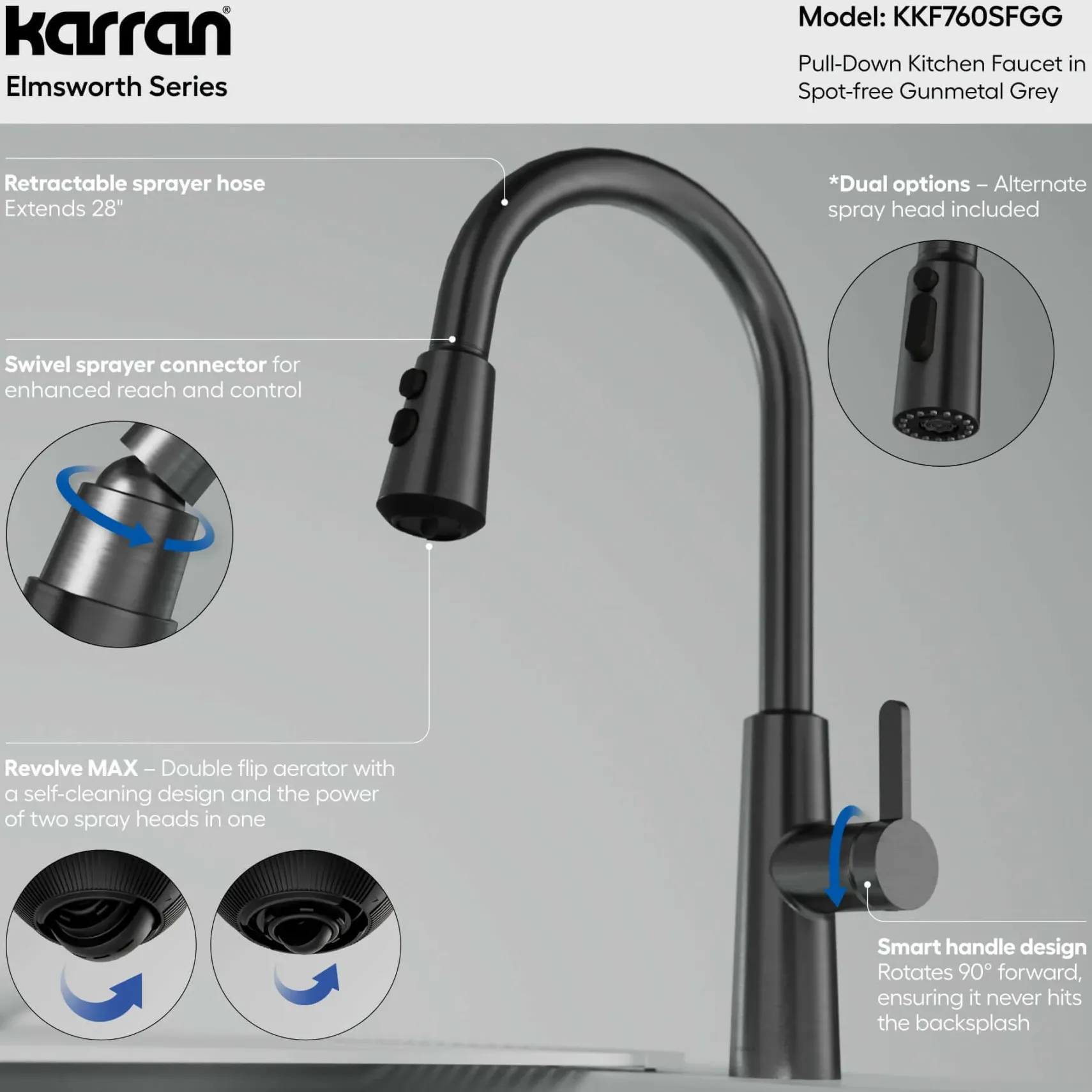 Karran Elmsworth 1.8 GPM Single Lever Lead-free Brass ADA Kitchen Faucet, Pull-Down, Spot-Free Gunmetal Grey, KKF760SFGG