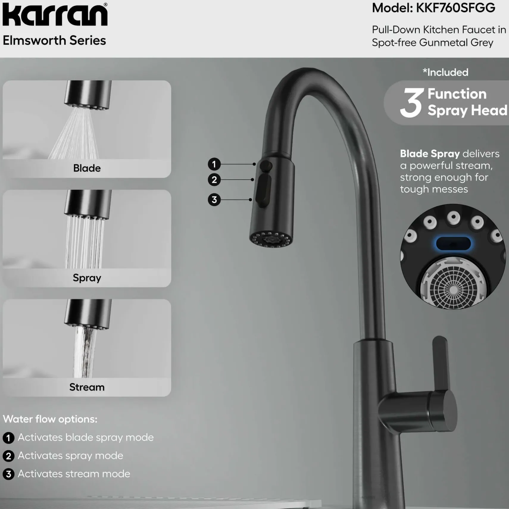 Karran Elmsworth 1.8 GPM Single Lever Lead-free Brass ADA Kitchen Faucet, Pull-Down, Spot-Free Gunmetal Grey, KKF760SFGG