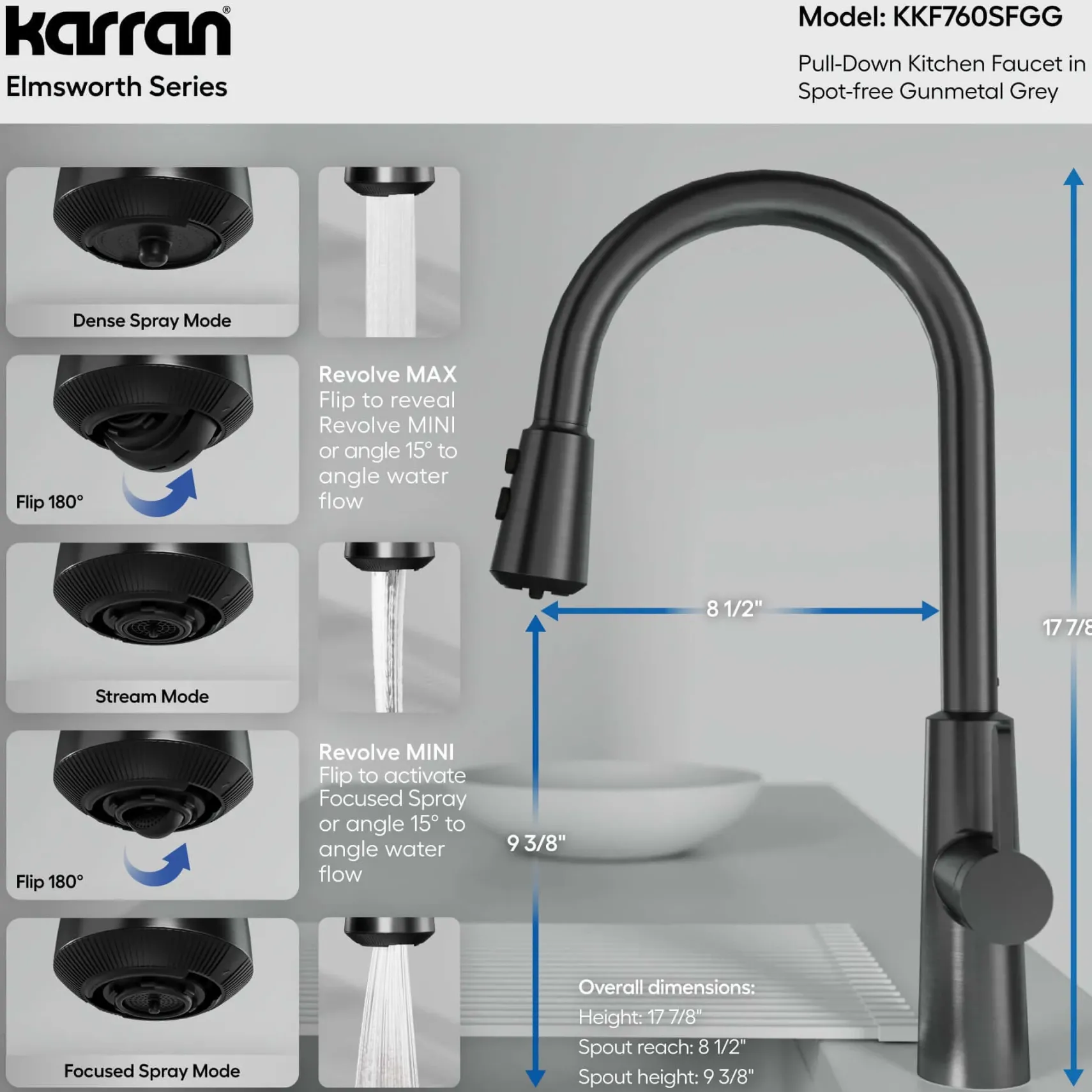 Karran Elmsworth 1.8 GPM Single Lever Lead-free Brass ADA Kitchen Faucet, Pull-Down, Spot-Free Gunmetal Grey, KKF760SFGG