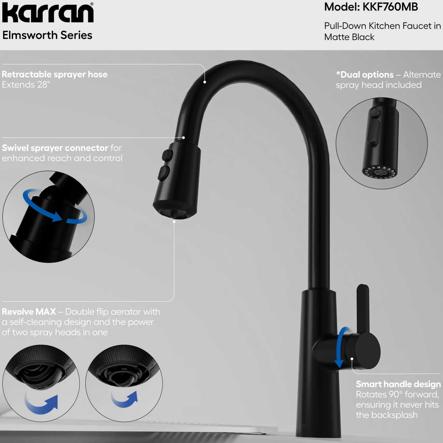 Karran Elmsworth 1.8 GPM Single Lever Lead-free Brass ADA Kitchen Faucet, Pull-Down, Matte Black, KKF760MB