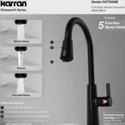 Karran Elmsworth 1.8 GPM Single Lever Lead-free Brass ADA Kitchen Faucet, Pull-Down, Matte Black, KKF760MB