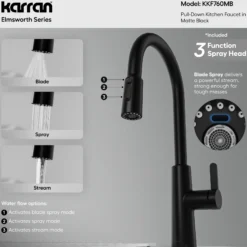 Karran Elmsworth 1.8 GPM Single Lever Lead-free Brass ADA Kitchen Faucet, Pull-Down, Matte Black, KKF760MB