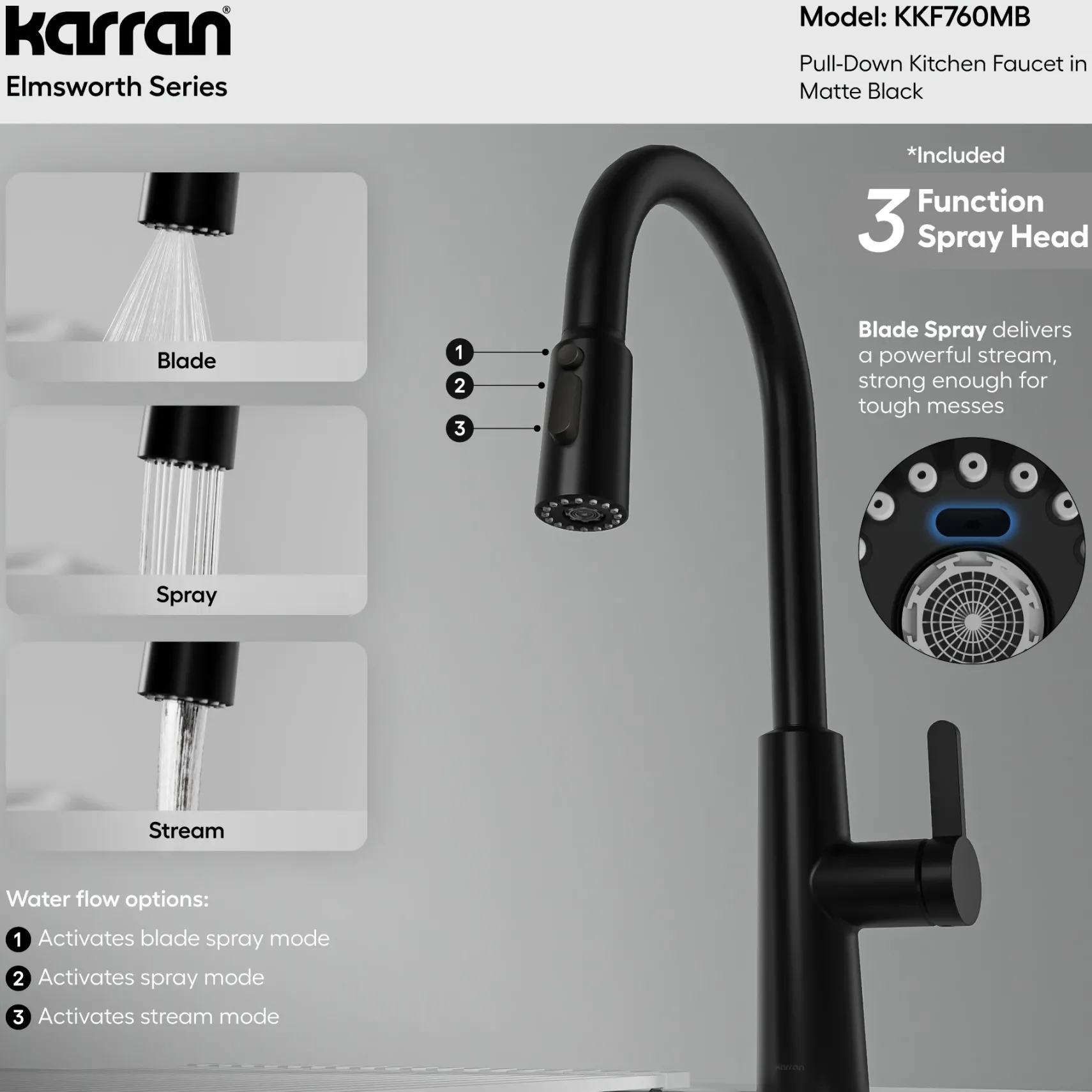 Karran Elmsworth 1.8 GPM Single Lever Lead-free Brass ADA Kitchen Faucet, Pull-Down, Matte Black, KKF760MB