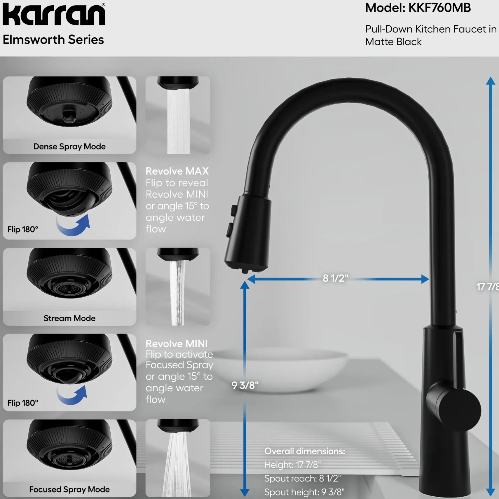 Karran Elmsworth 1.8 GPM Single Lever Lead-free Brass ADA Kitchen Faucet, Pull-Down, Matte Black, KKF760MB