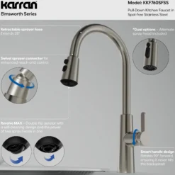 Karran Elmsworth 1.8 GPM Single Lever Lead-free Brass ADA Kitchen Faucet, Pull-Down, Spot Free Stainless Steel, KKF760SFSS