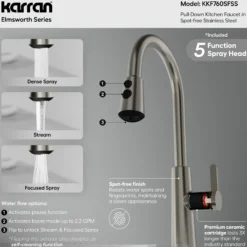 Karran Elmsworth 1.8 GPM Single Lever Lead-free Brass ADA Kitchen Faucet, Pull-Down, Spot Free Stainless Steel, KKF760SFSS