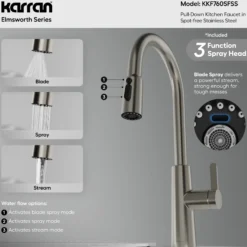 Karran Elmsworth 1.8 GPM Single Lever Lead-free Brass ADA Kitchen Faucet, Pull-Down, Spot Free Stainless Steel, KKF760SFSS