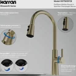 Karran Elmsworth 1.8 GPM Single Lever Lead-free Brass ADA Kitchen Faucet, Pull-Down, Spot-Free Champagne Bronze, KKF760SFCB