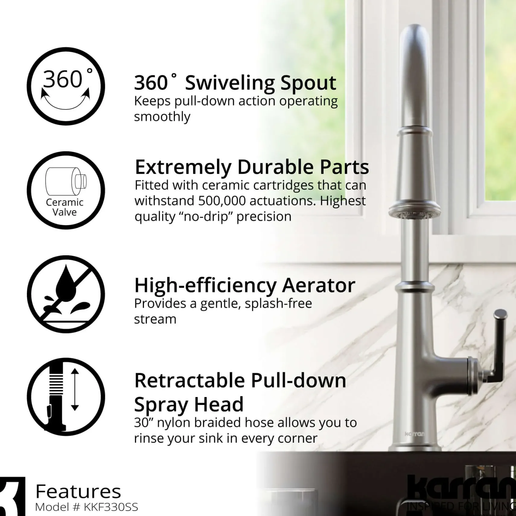 Karran Elwood 1.8 GPM Single Lever Handle Lead-free Brass ADA Kitchen Faucet, Pull-Down Kitchen, Stainless Steel, KKF330SS