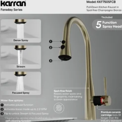 Karran Faraday 1.8 GPM Single Lever Lead-free Brass ADA Kitchen Faucet, Pull-Down, Spot-Free Champagne Bronze, KKF750SFCB