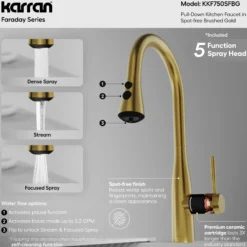 Karran Faraday 1.8 GPM Single Lever Lead-free Brass ADA Kitchen Faucet, Pull-Down, Spot-Free Brushed Gold, KKF750SFBG