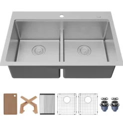 Karran Fusion 33" Drop In/Topmount Stainless Steel Workstation Kitchen Sink with Accessories, 50/50 Double Bowl, 16 Gauge, WSTMDB3323-PK1