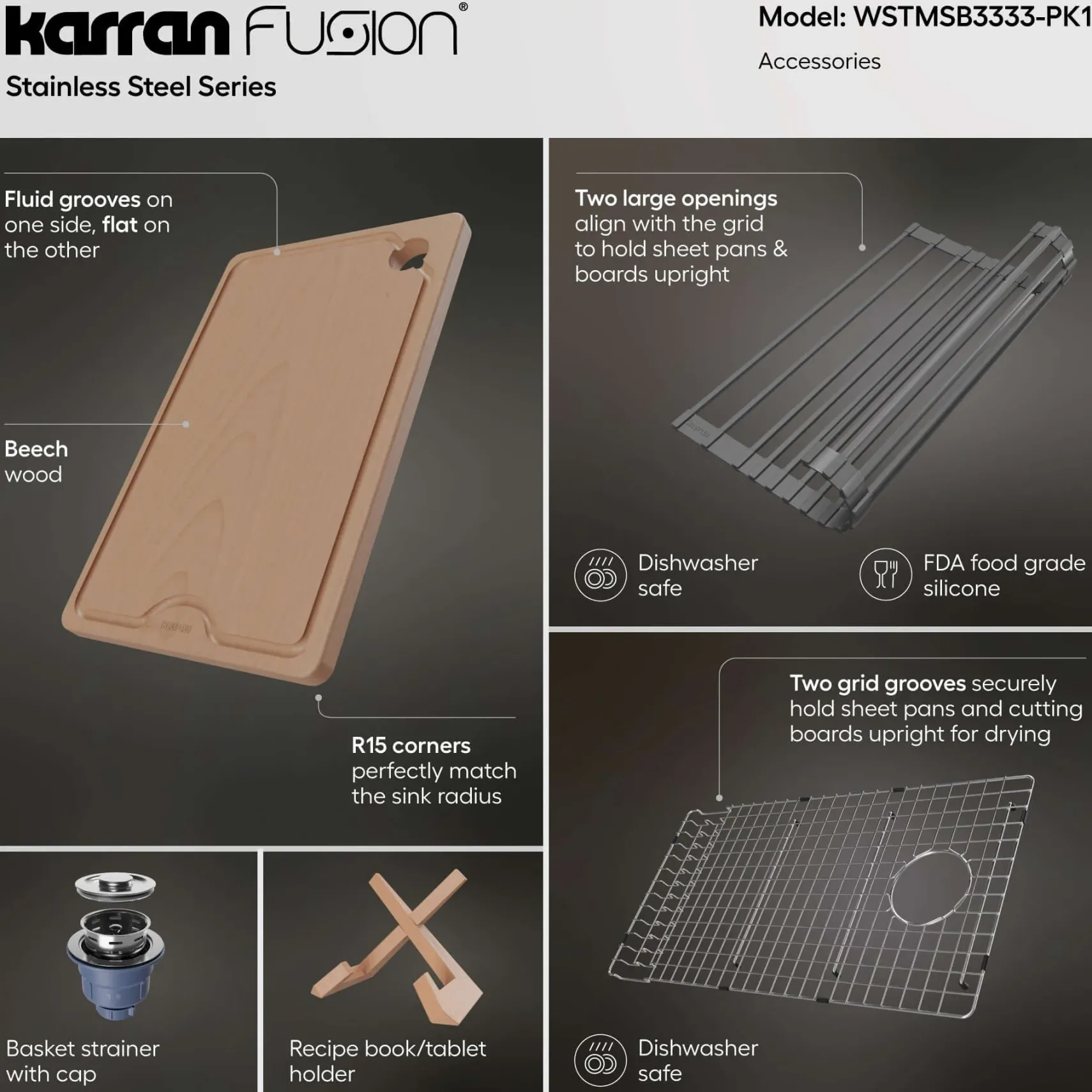 Karran Fusion 33" Drop In/Topmount Stainless Steel Workstation Kitchen Sink with Accessories, 16 Gauge, WSTMSB3333-PK1