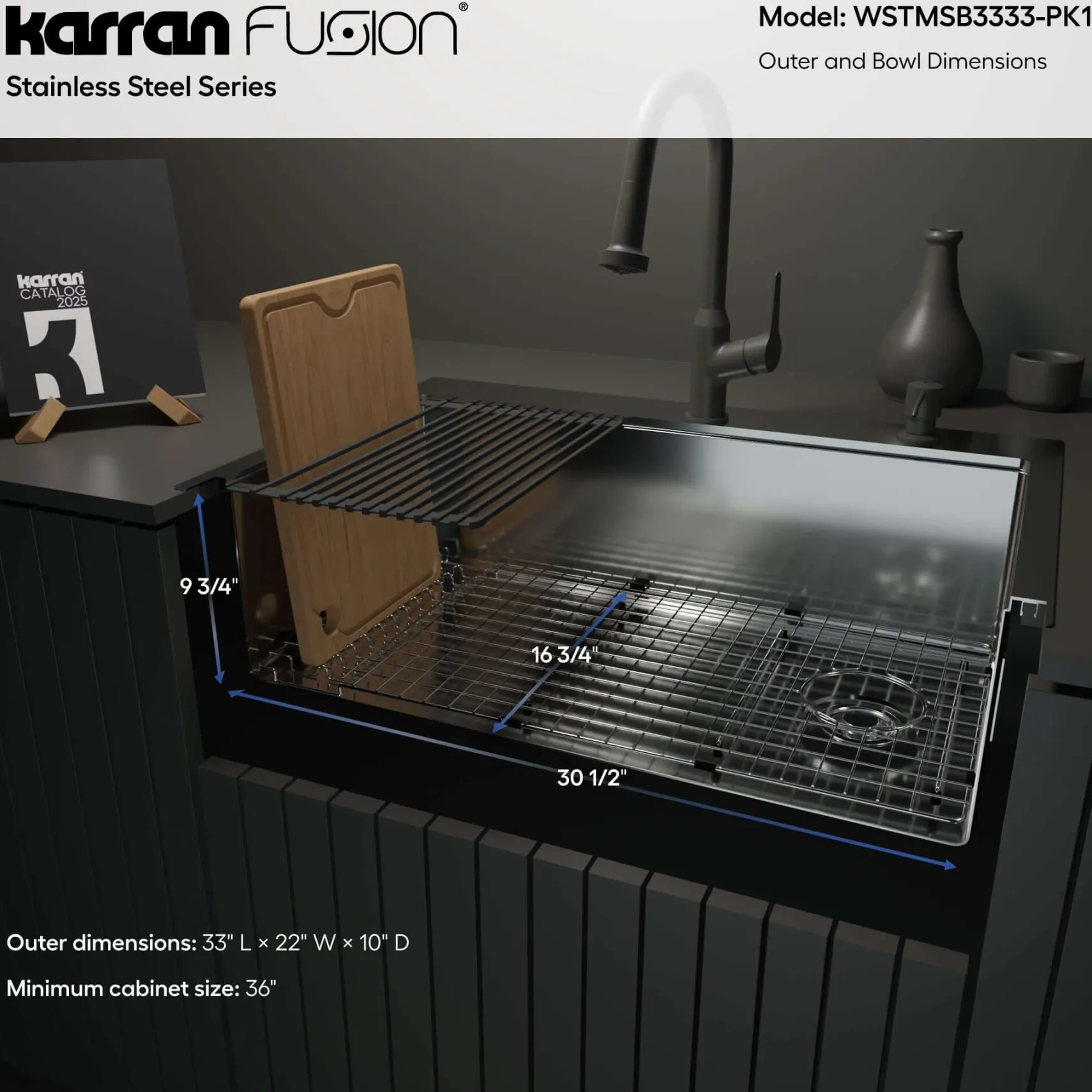 Karran Fusion 33" Drop In/Topmount Stainless Steel Workstation Kitchen Sink with Accessories, 16 Gauge, WSTMSB3333-PK1