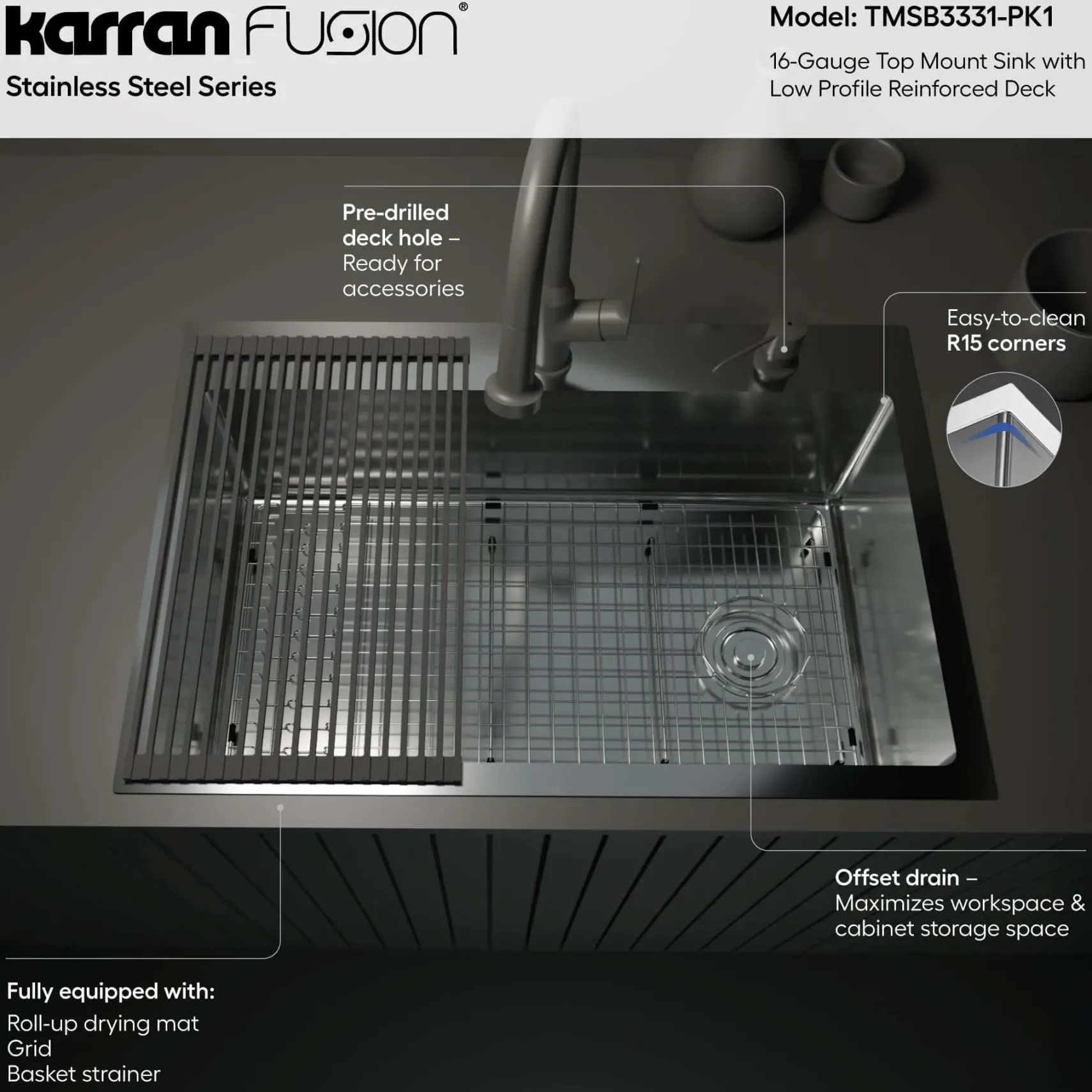 Karran Fusion 33" Drop In/Topmount Stainless Steel Kitchen Sink with Accessories, 16 Gauge, TMSB3331-PK1