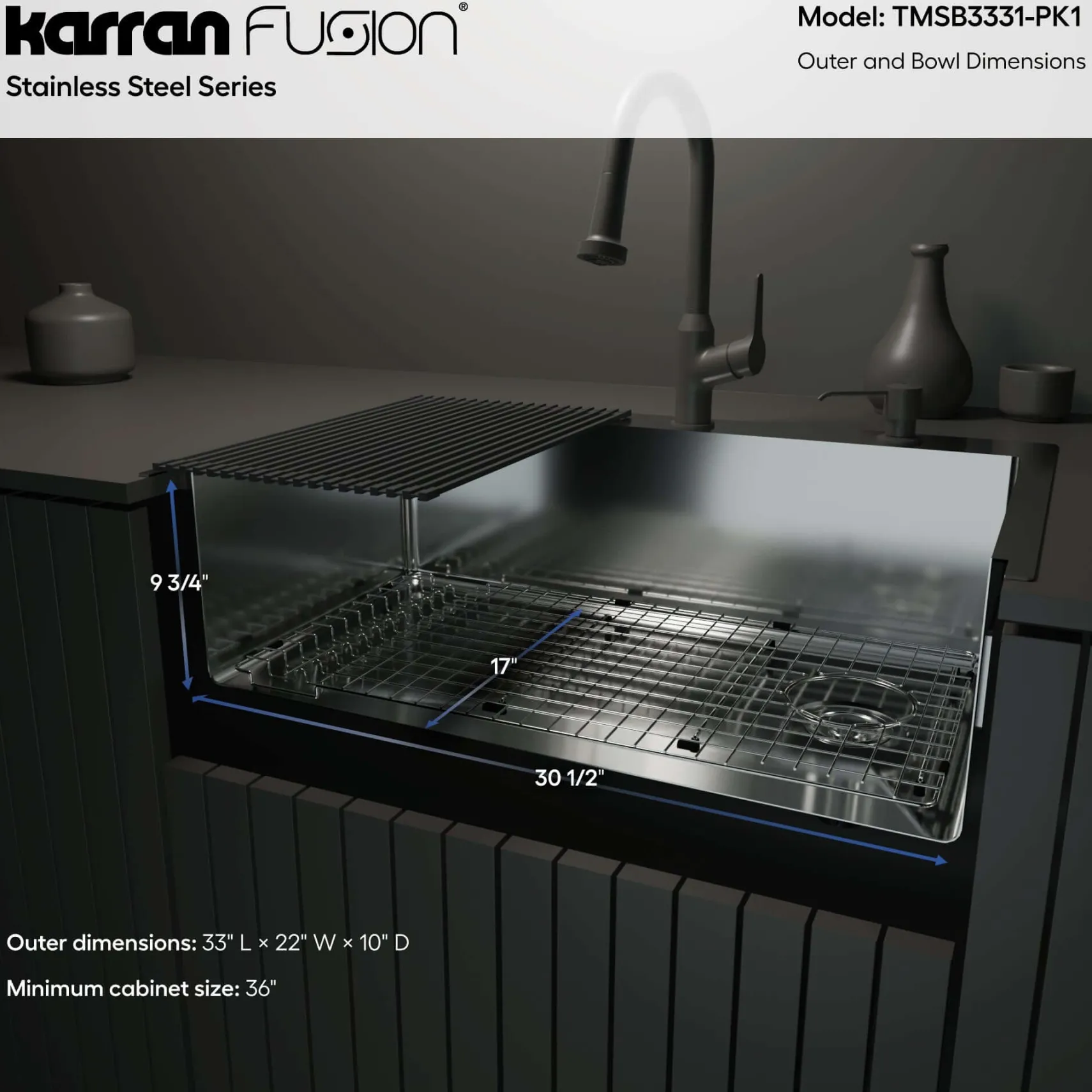 Karran Fusion 33" Drop In/Topmount Stainless Steel Kitchen Sink with Accessories, 16 Gauge, TMSB3331-PK1