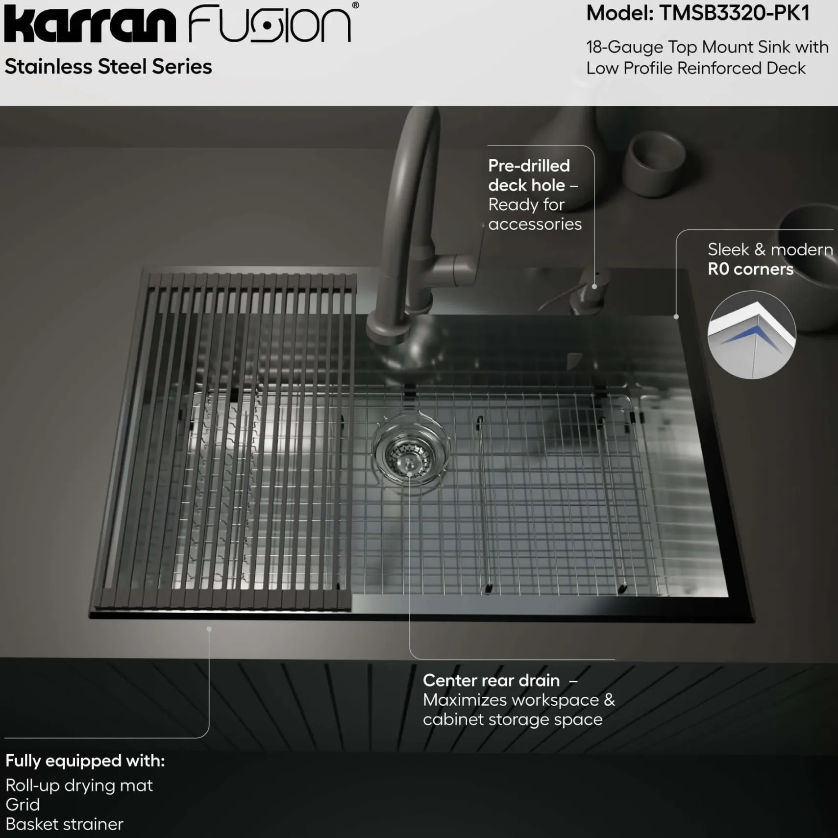 Karran Fusion 33" Drop In/Topmount Stainless Steel ADA Kitchen Sink with Accessories, 18 Gauge, TMSB3320-PK1