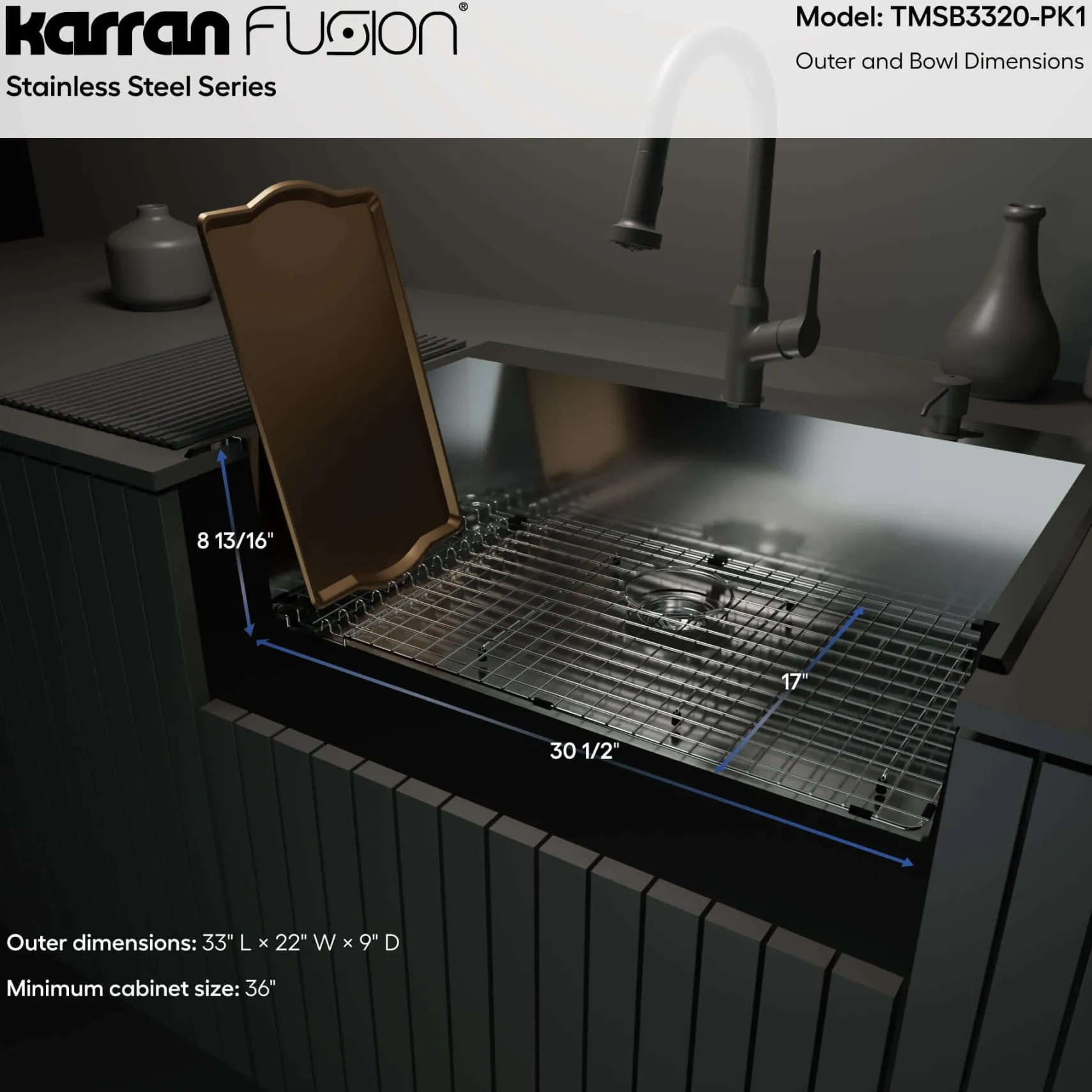 Karran Fusion 33" Drop In/Topmount Stainless Steel ADA Kitchen Sink with Accessories, 18 Gauge, TMSB3320-PK1