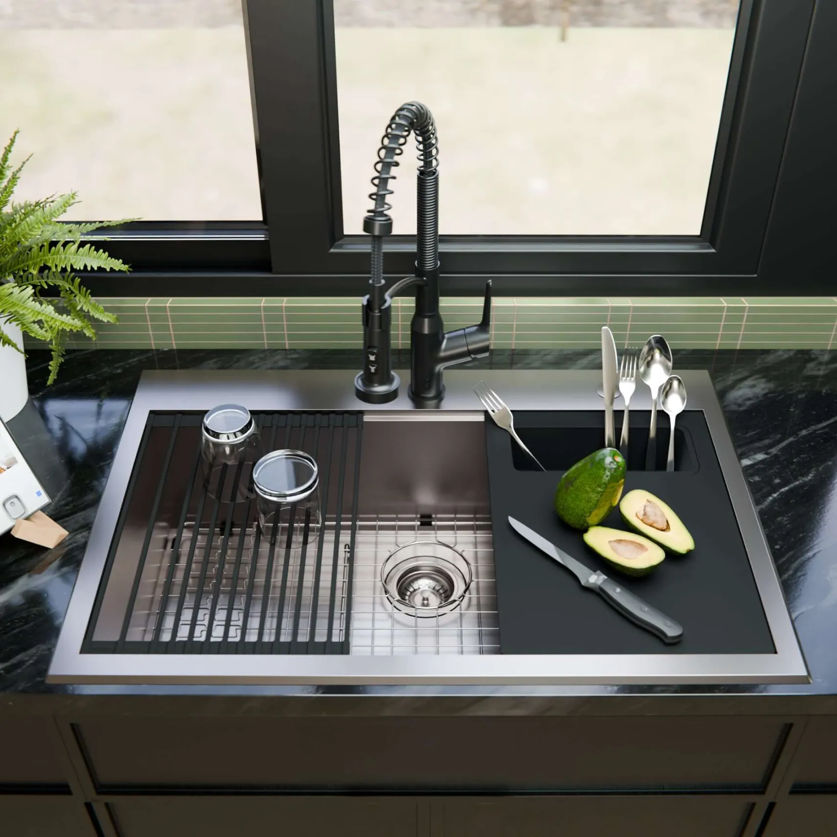 Karran Fusion 33" Drop In/Topmount Stainless Steel Workstation Kitchen Sink with Accessories, 18 Gauge, WSTMSB3323-PK1