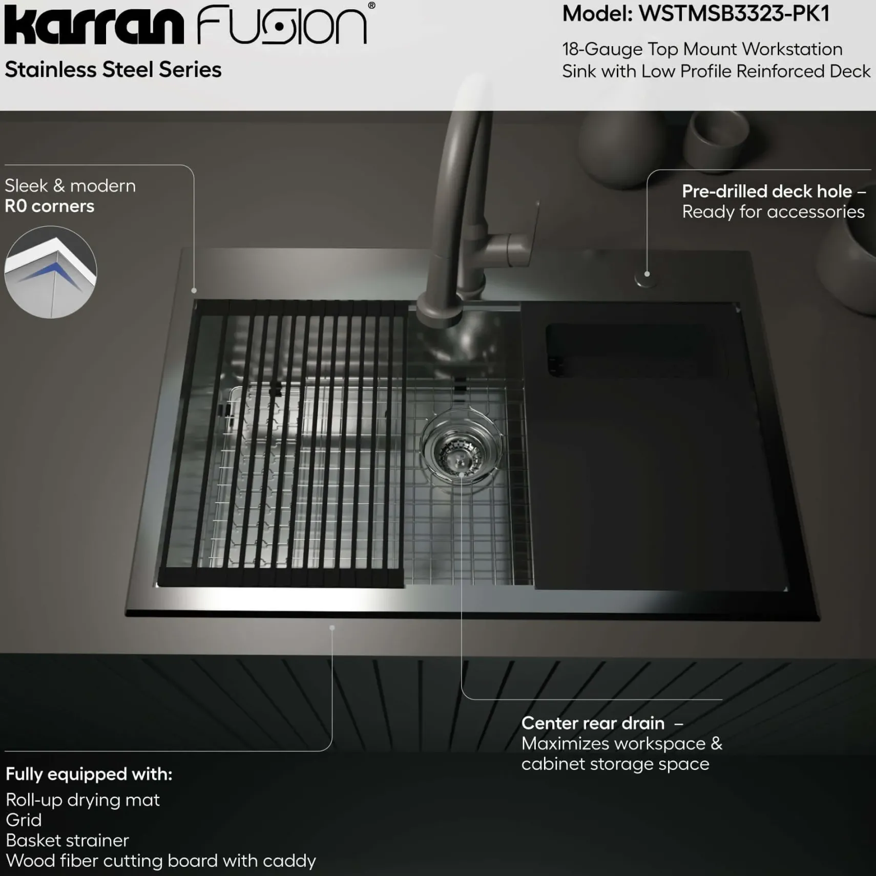 Karran Fusion 33" Drop In/Topmount Stainless Steel Workstation Kitchen Sink with Accessories, 18 Gauge, WSTMSB3323-PK1