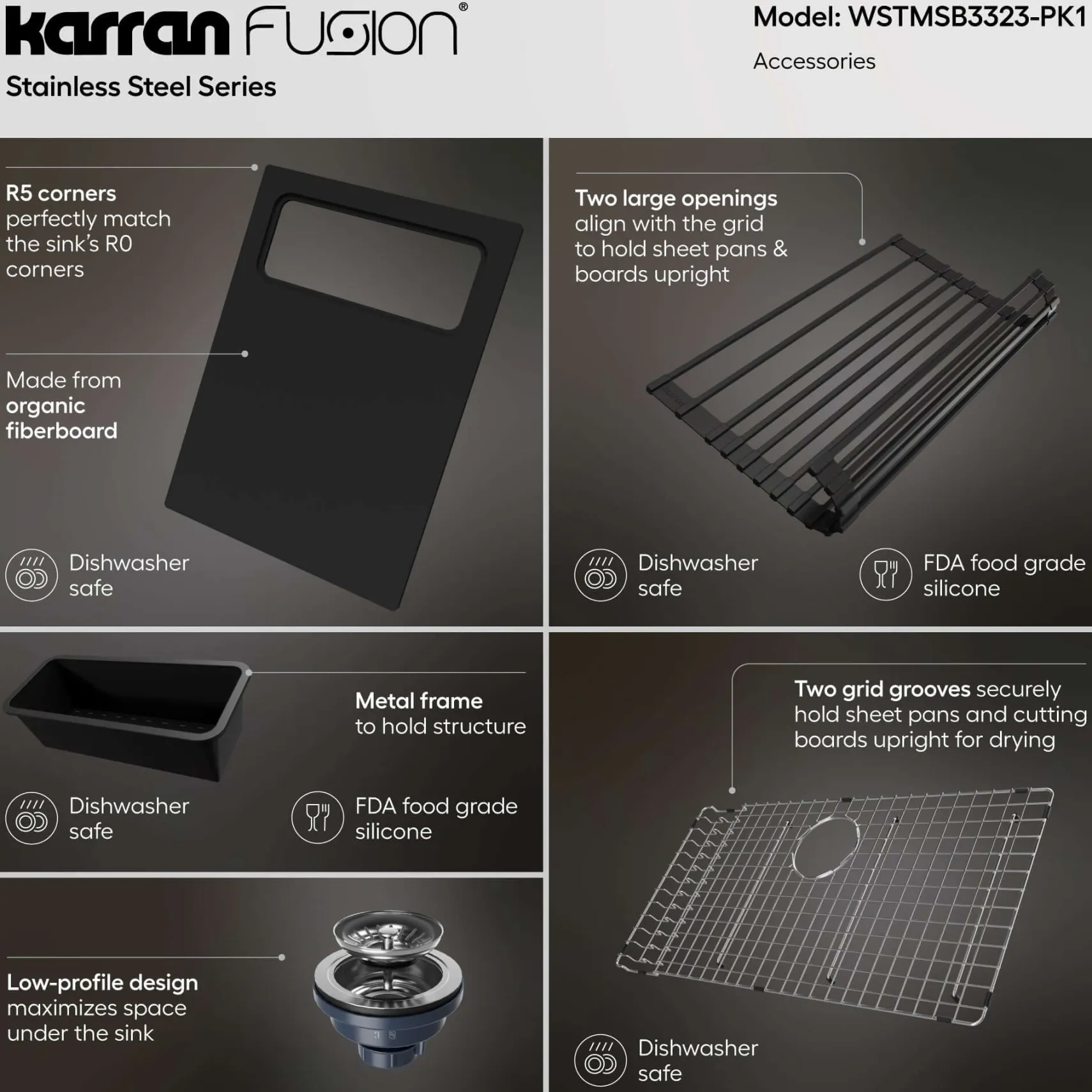 Karran Fusion 33" Drop In/Topmount Stainless Steel Workstation Kitchen Sink with Accessories, 18 Gauge, WSTMSB3323-PK1