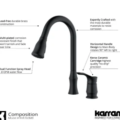 Karran Hillwood 1.8 GPM Single Lever Handle Lead-free Brass ADA Kitchen Faucet, Pull-Down Kitchen, Matte Black, KKF260MB